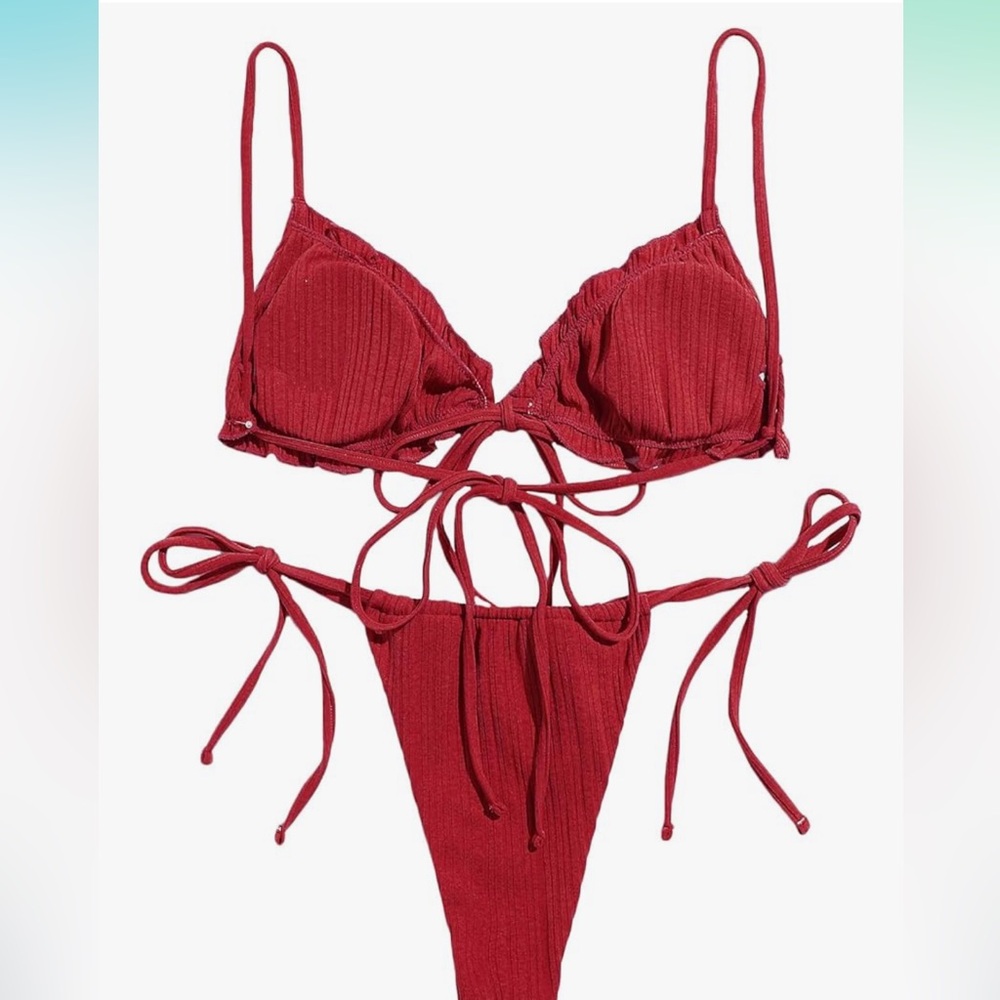 Red Ribbed Bikini Set - Picture 2 of 4
